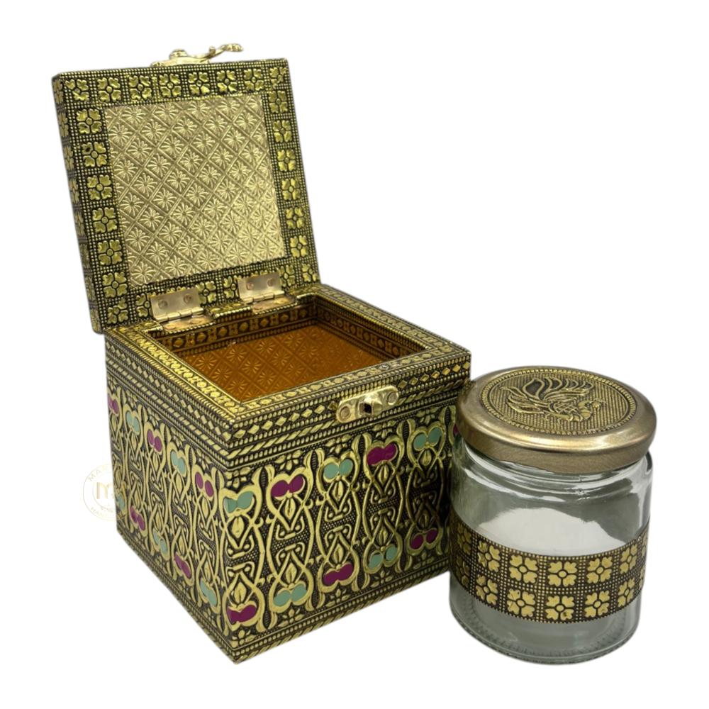 Premium Decorative Brass Finish Meenakari Dry Fruit Box with 1 Glass Jars for Gifting & Festive use