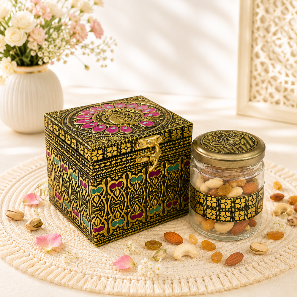 Premium Decorative Brass Finish Meenakari Dry Fruit Box with 1 Glass Jars for Gifting & Festive use