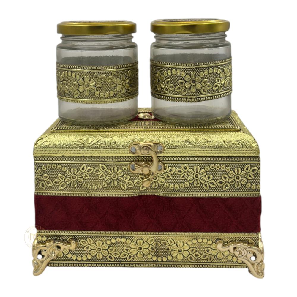 Premium Brass Finish Meenakari Dry Fruit Box with Velvet finish and 2 Glass Jars for Gifting