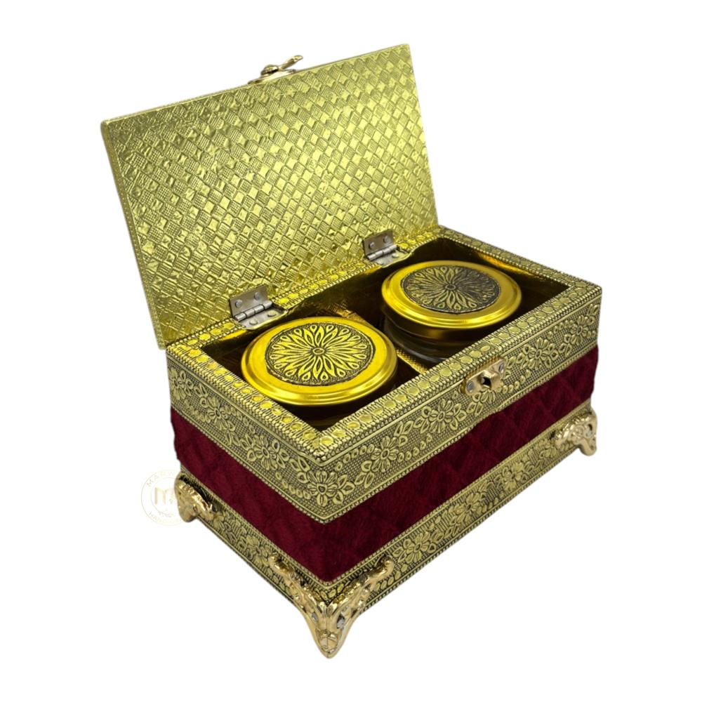 Premium Brass Finish Meenakari Dry Fruit Box with Velvet finish and 2 Glass Jars for Gifting