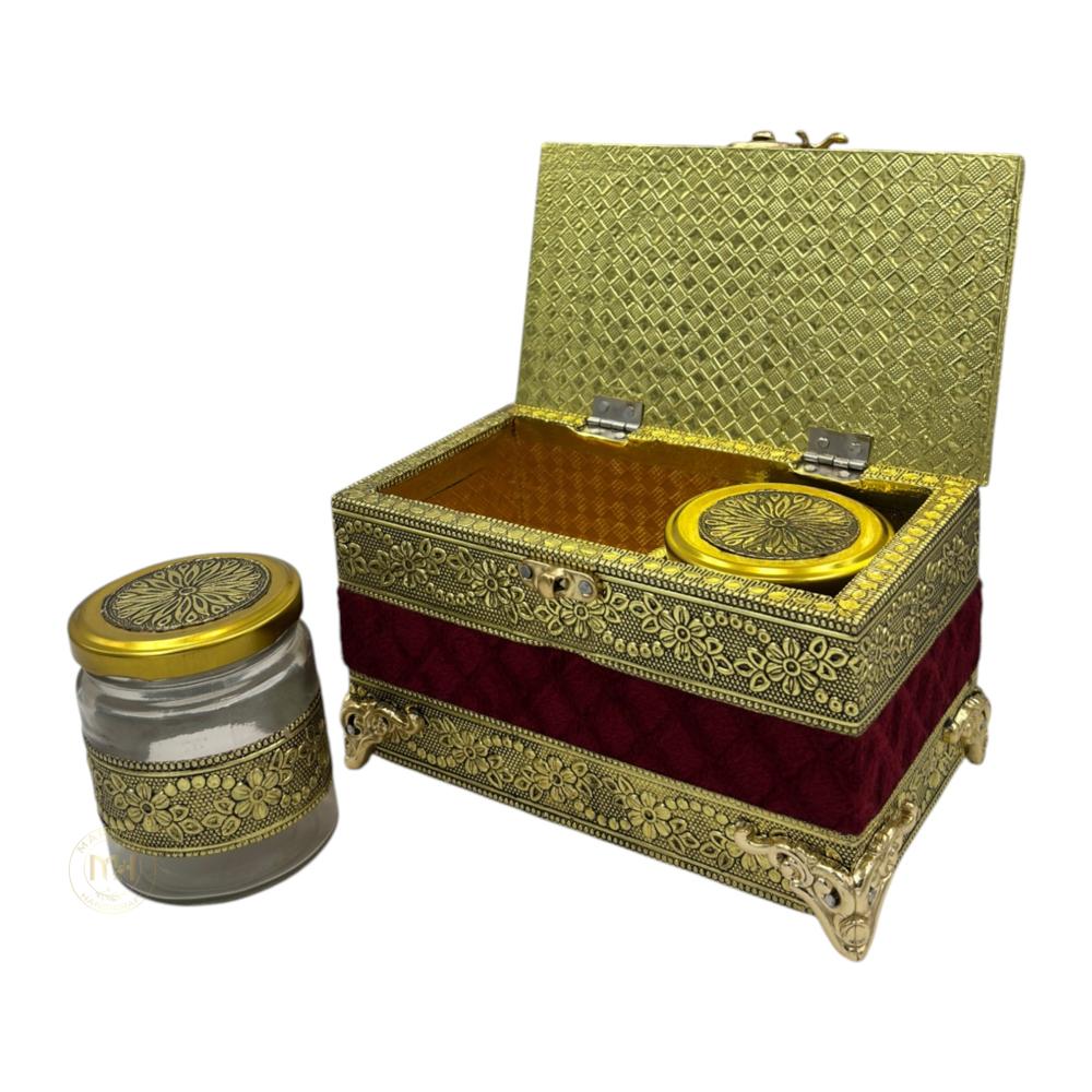 Premium Brass Finish Meenakari Dry Fruit Box with Velvet finish and 2 Glass Jars for Gifting