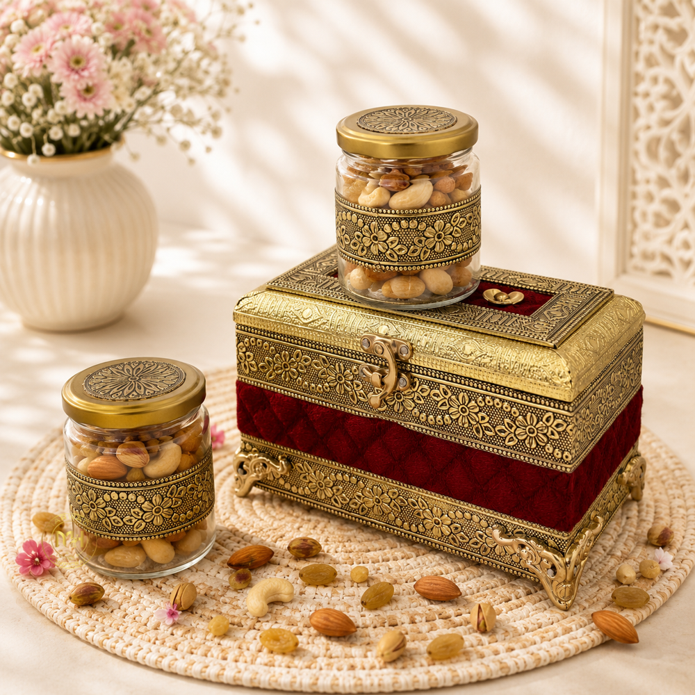 Premium Brass Finish Meenakari Dry Fruit Box with Velvet finish and 2 Glass Jars for Gifting