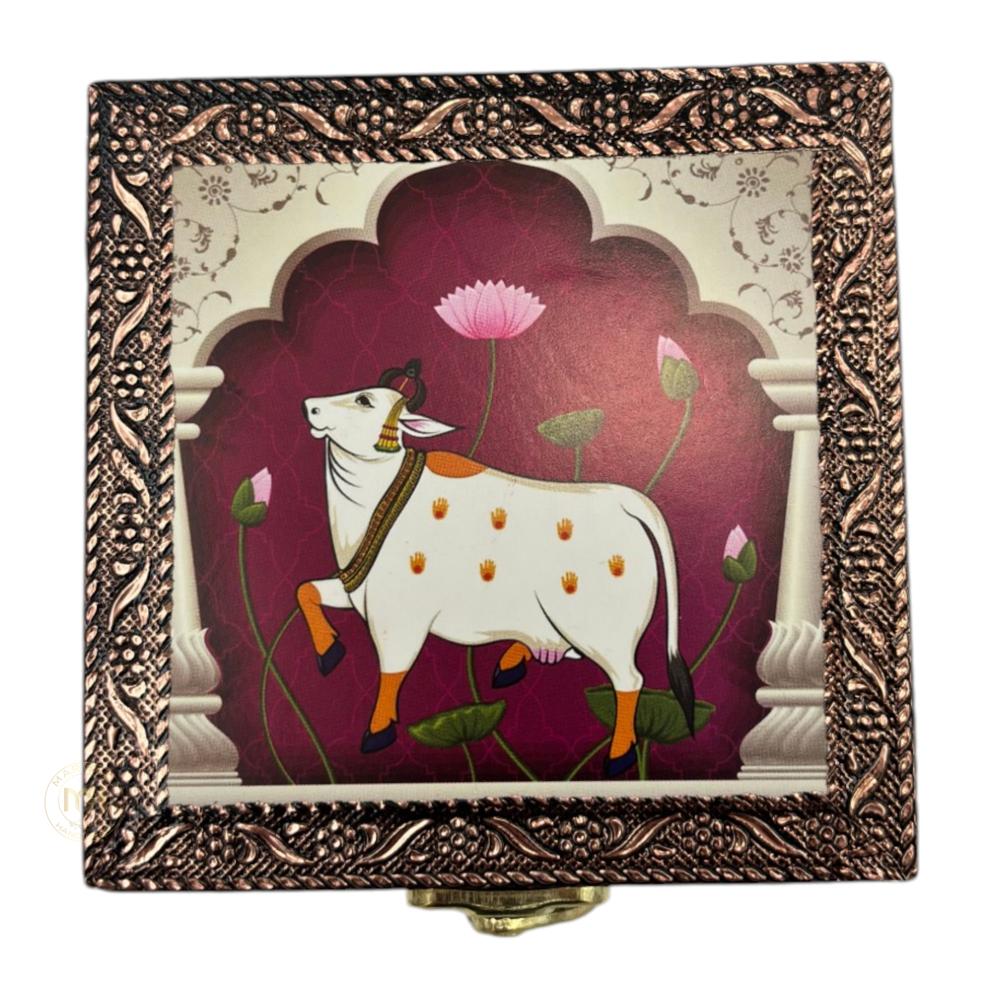 Premium Brass Finish Meenkari Wooden Pichwai Print Jewellery and Pooja Box for Gifting & decoration