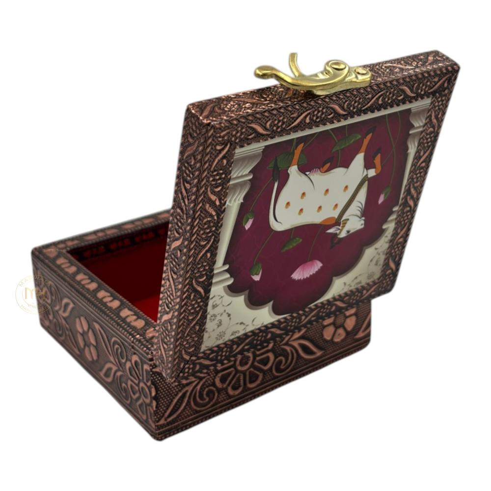 Premium Brass Finish Meenkari Wooden Pichwai Print Jewellery and Pooja Box for Gifting & decoration