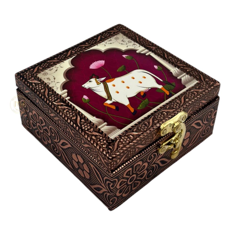 Premium Brass Finish Meenkari Wooden Pichwai Print Jewellery and Pooja Box for Gifting & decoration