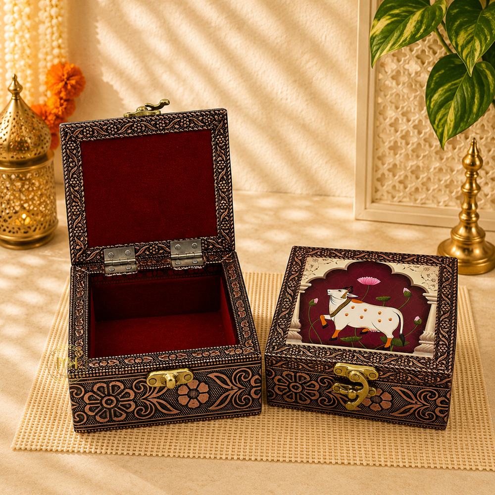 Premium Brass Finish Meenkari Wooden Pichwai Print Jewellery and Pooja Box for Gifting & decoration