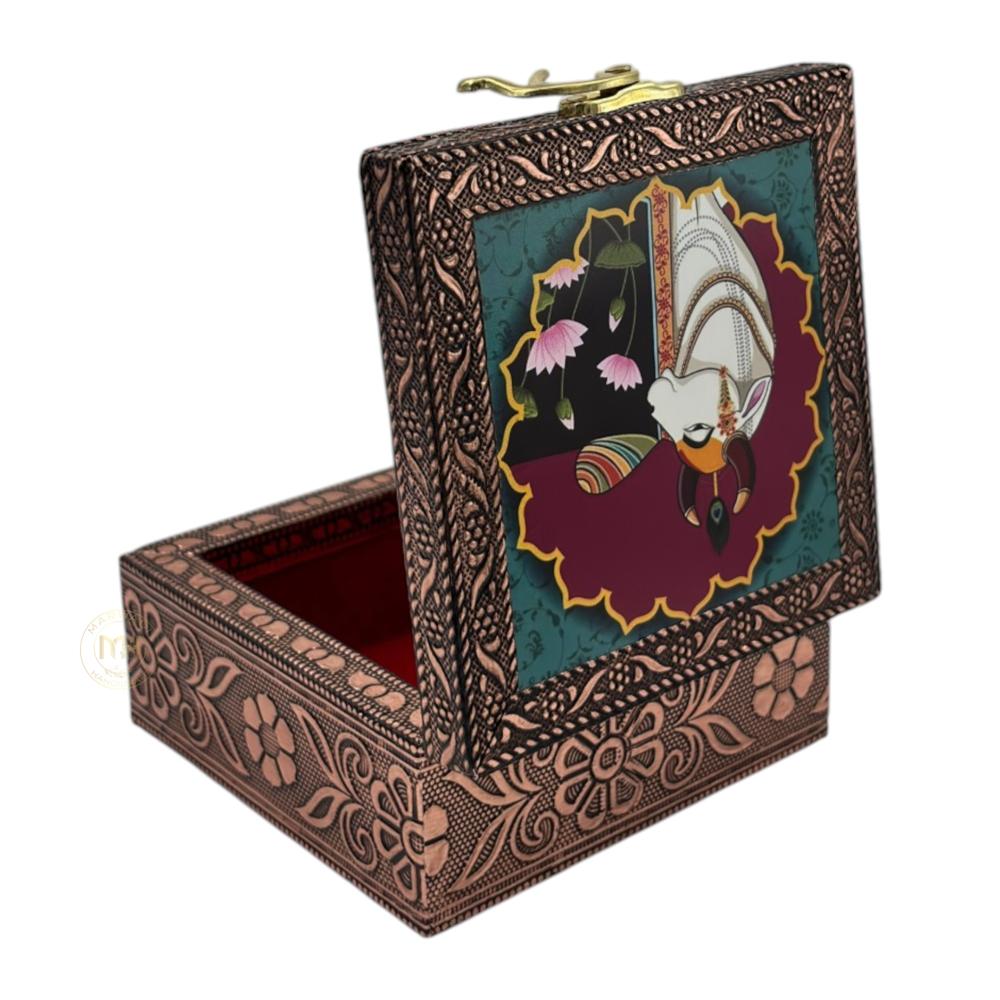 Premium Brass Finish Meenkari Wooden Pichwai Print Jewellery and Pooja Box for Gifting & decoration