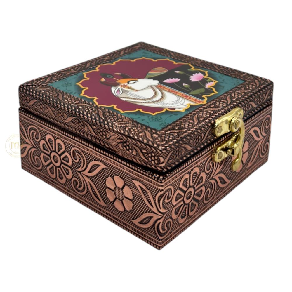 Premium Brass Finish Meenkari Wooden Pichwai Print Jewellery and Pooja Box for Gifting & decoration