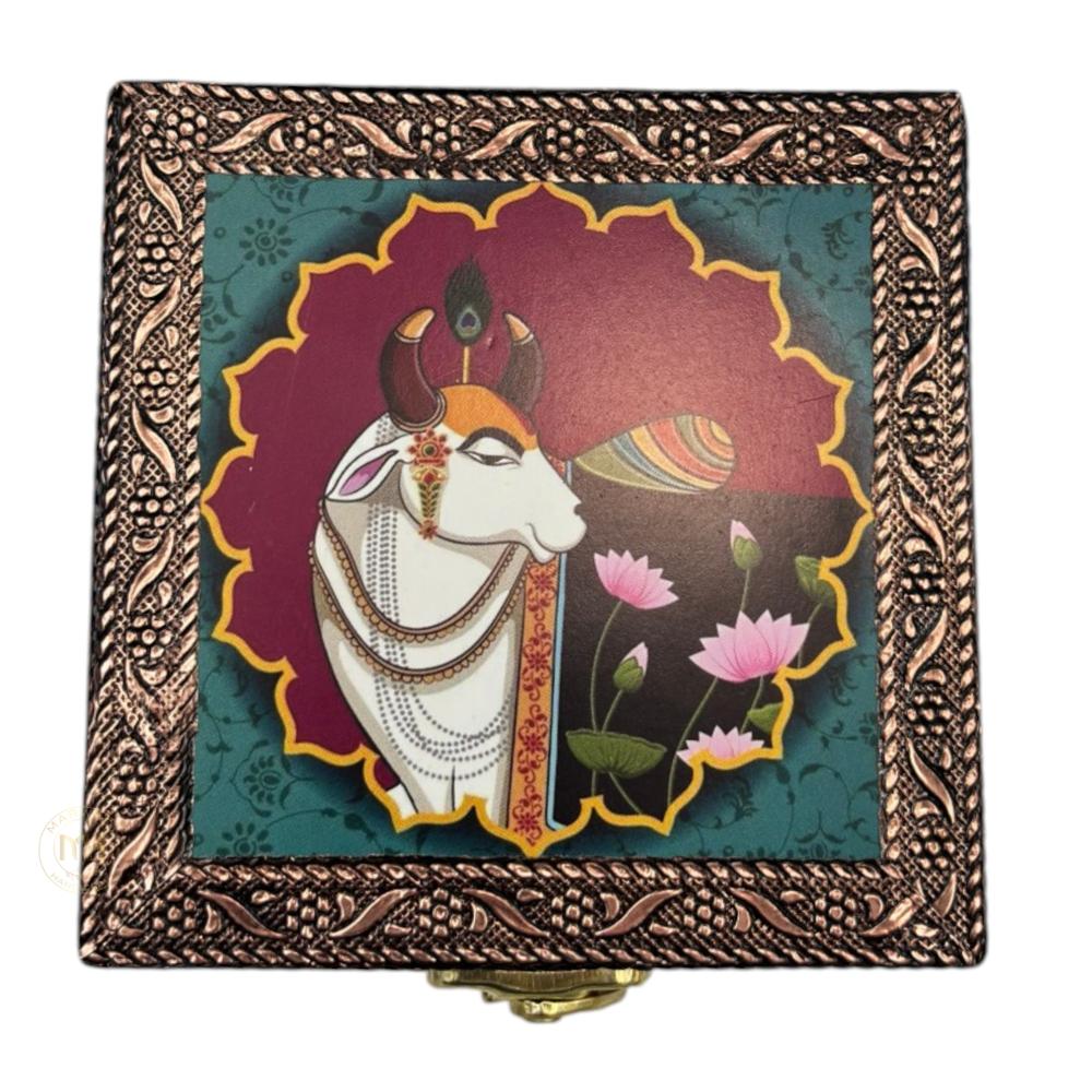 Premium Brass Finish Meenkari Wooden Pichwai Print Jewellery and Pooja Box for Gifting & decoration