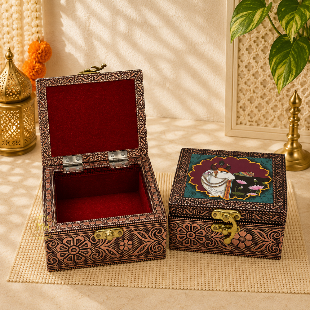 Premium Brass Finish Meenkari Wooden Pichwai Print Jewellery and Pooja Box for Gifting & decoration