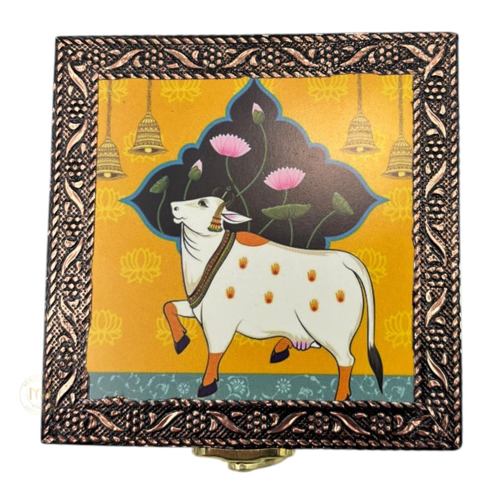 Premium Brass Finish Meenkari Wooden Pichwai Print Jewellery and Pooja Box for Gifting & decoration