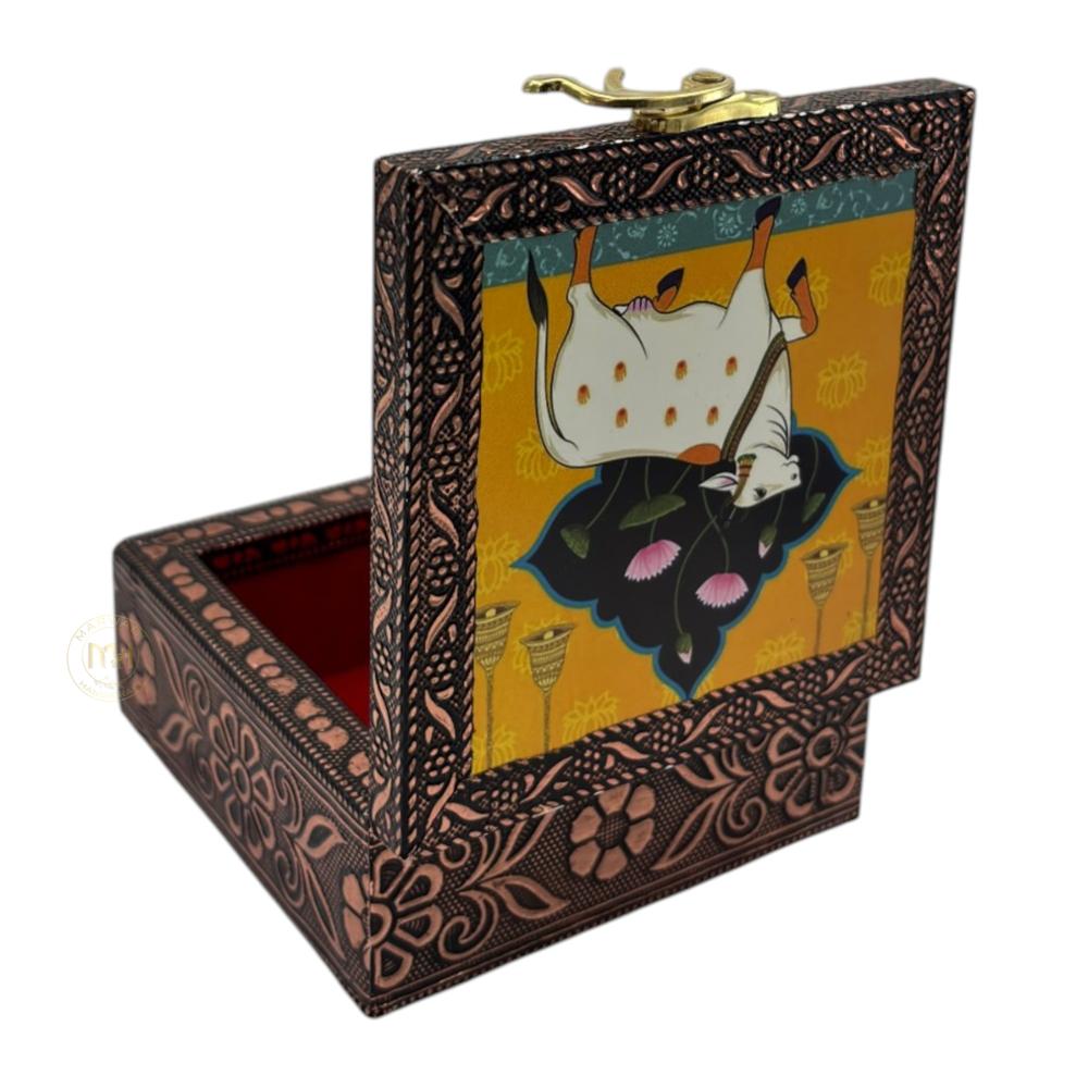 Premium Brass Finish Meenkari Wooden Pichwai Print Jewellery and Pooja Box for Gifting & decoration
