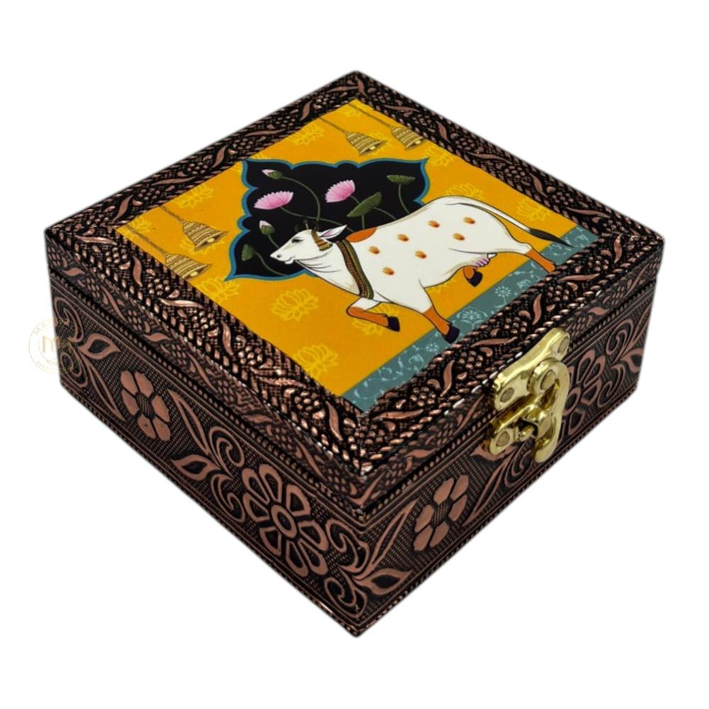 Premium Brass Finish Meenkari Wooden Pichwai Print Jewellery and Pooja Box for Gifting & decoration