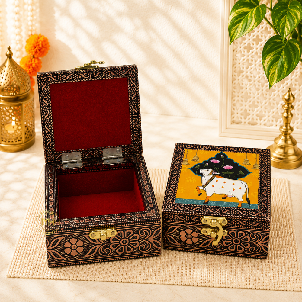 Premium Brass Finish Meenkari Wooden Pichwai Print Jewellery and Pooja Box for Gifting & decoration