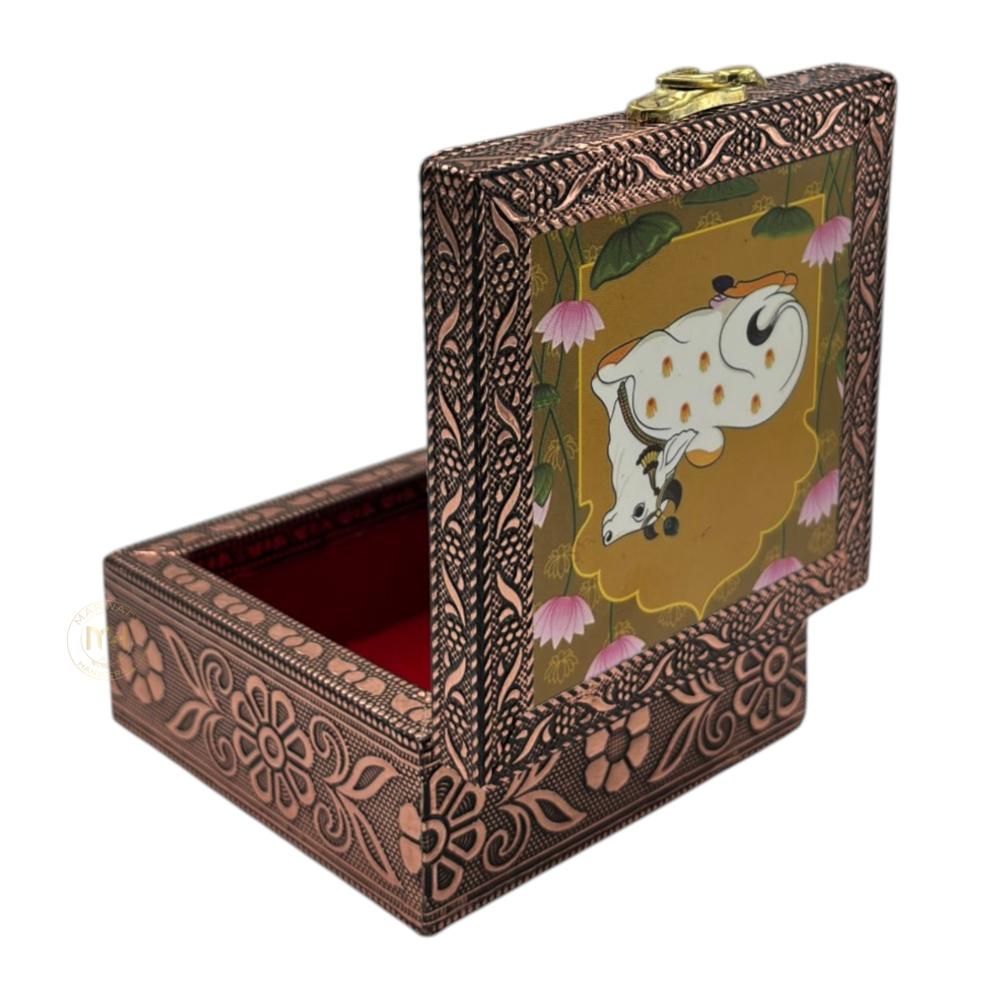 Premium Brass Finish Meenkari Wooden Pichwai Print Jewellery and Pooja Box for Gifting & decoration