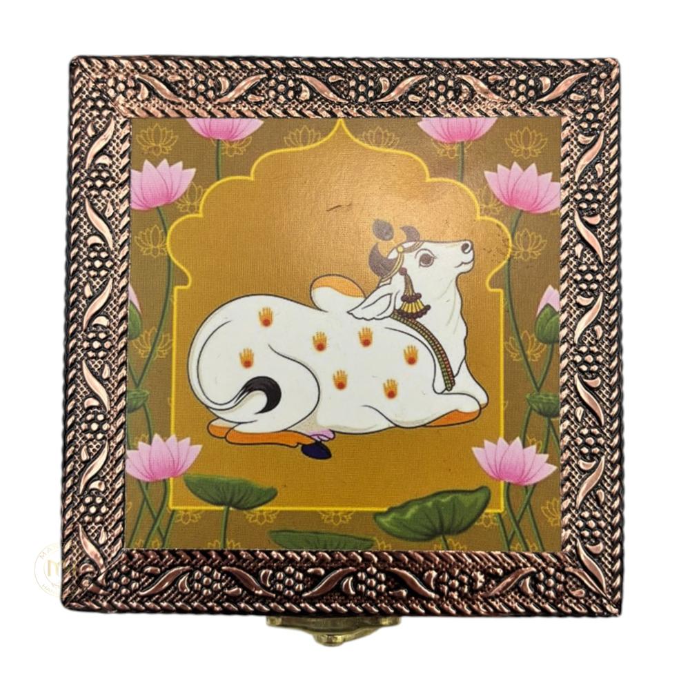Premium Brass Finish Meenkari Wooden Pichwai Print Jewellery and Pooja Box for Gifting & decoration