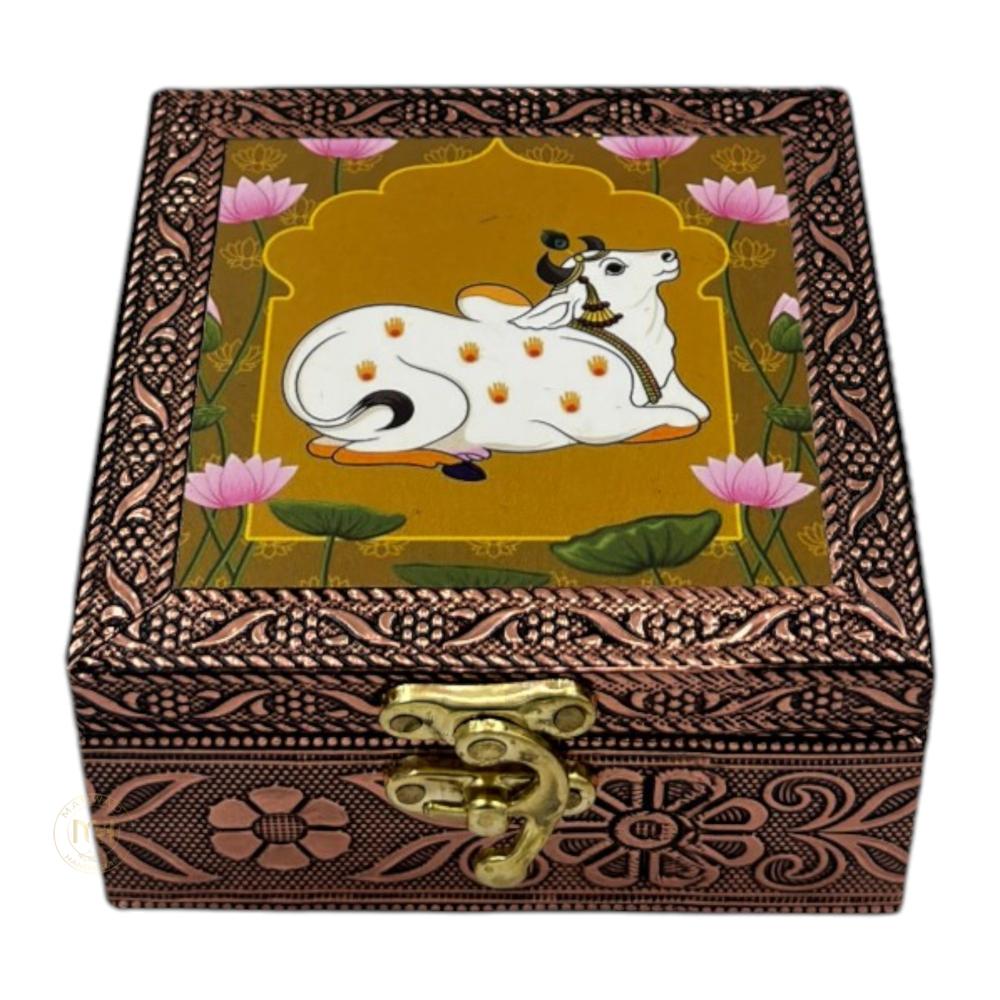 Premium Brass Finish Meenkari Wooden Pichwai Print Jewellery and Pooja Box for Gifting & decoration