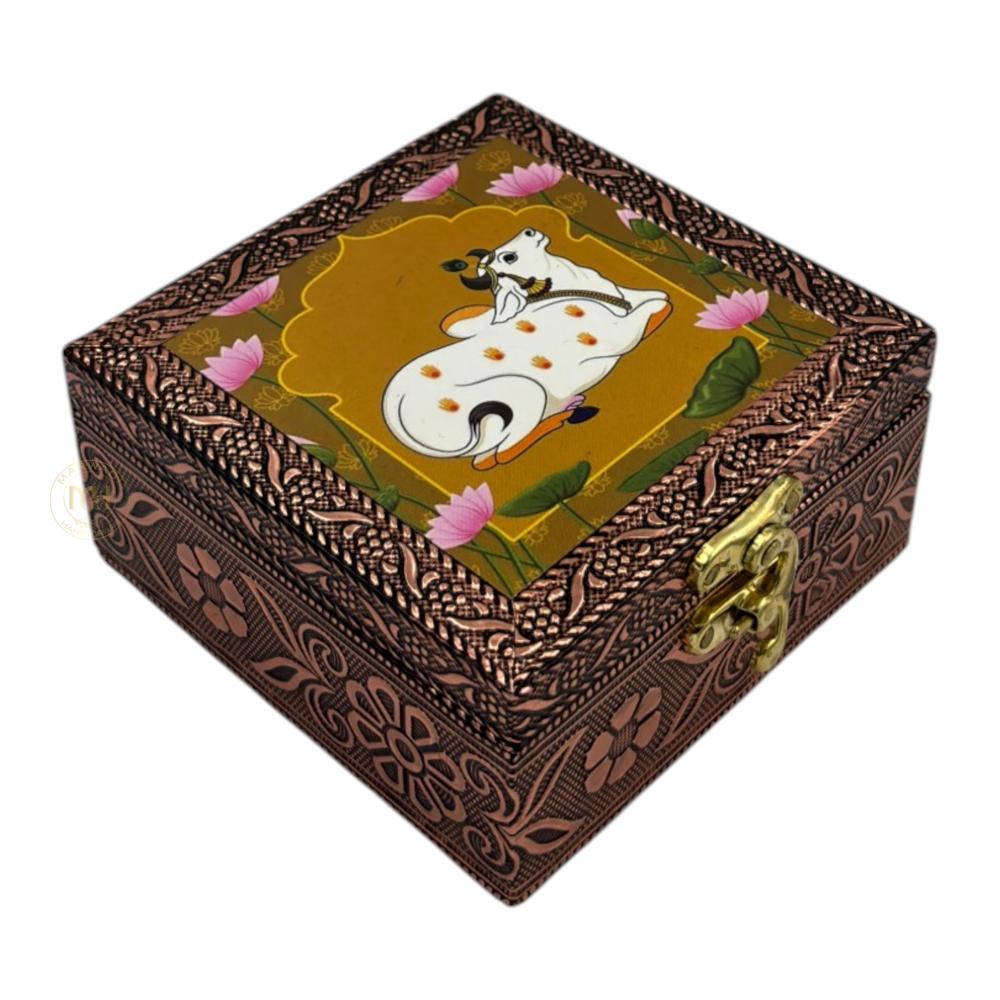 Premium Brass Finish Meenkari Wooden Pichwai Print Jewellery and Pooja Box for Gifting & decoration