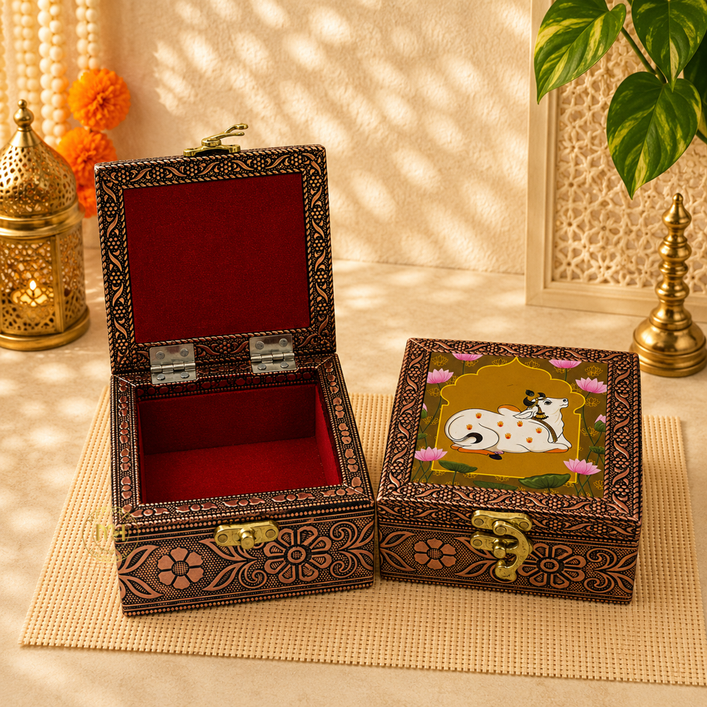 Premium Brass Finish Meenkari Wooden Pichwai Print Jewellery and Pooja Box for Gifting & decoration