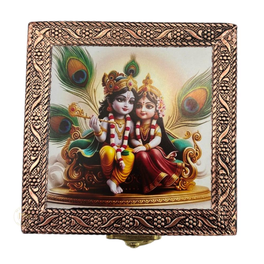 Premium Brass Finish Meenkari Wooden Pichwai Print Jewellery and Pooja Box for Gifting & decoration