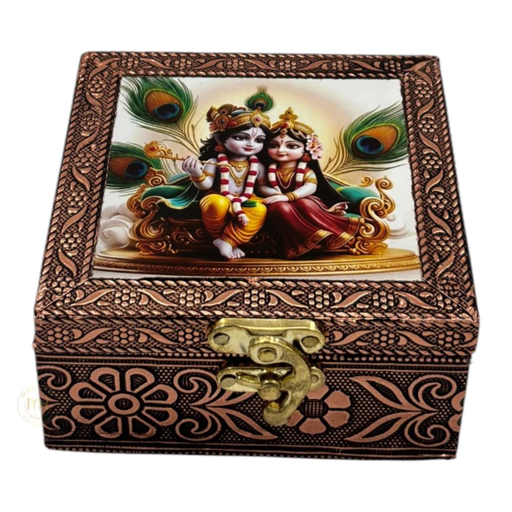Premium Brass Finish Meenkari Wooden Pichwai Print Jewellery and Pooja Box for Gifting & decoration