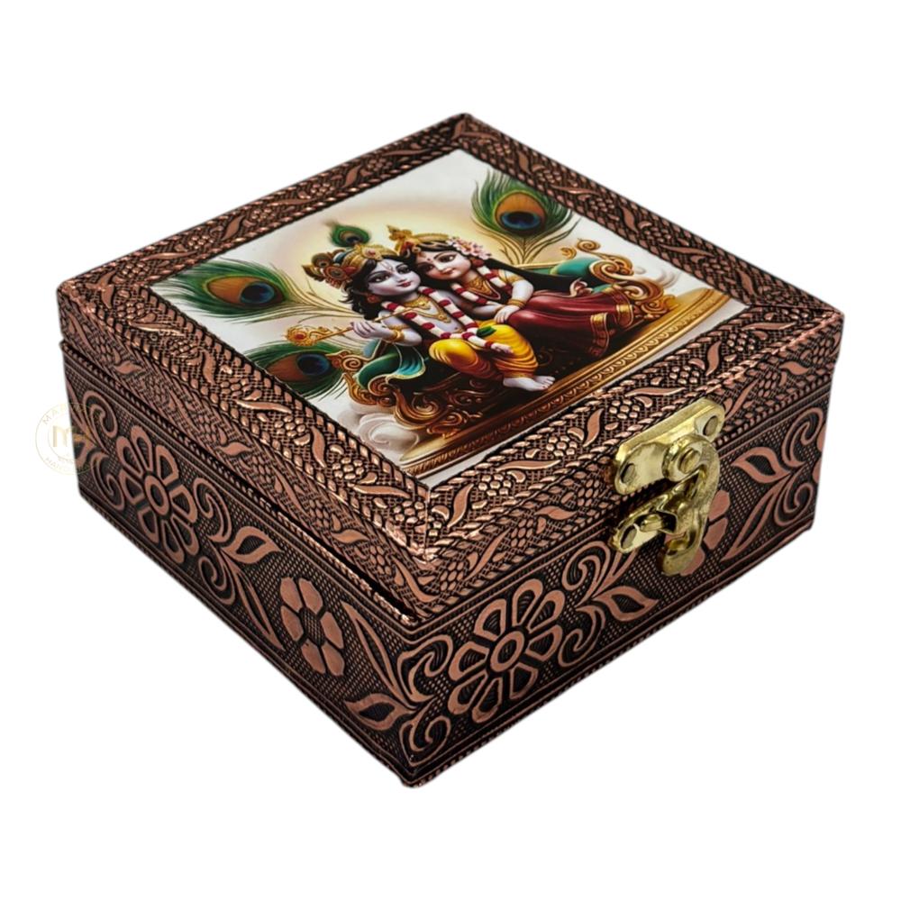 Premium Brass Finish Meenkari Wooden Pichwai Print Jewellery and Pooja Box for Gifting & decoration