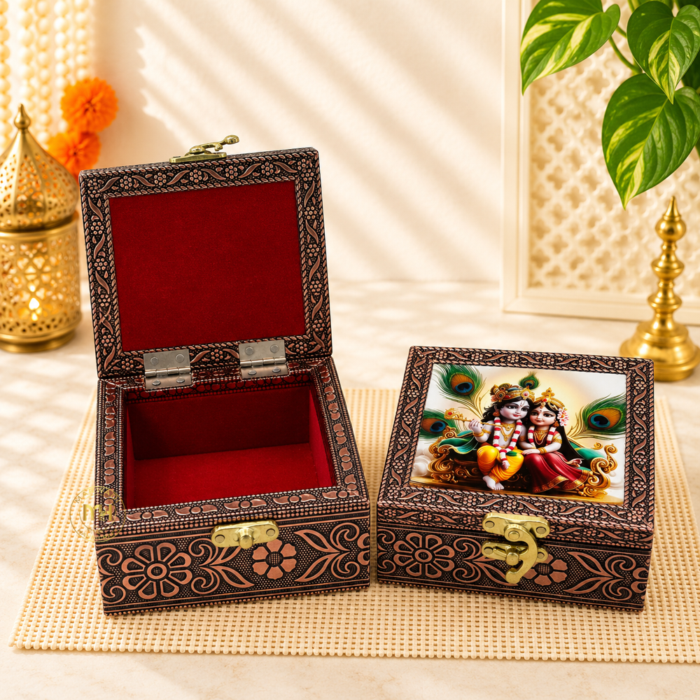 Premium Brass Finish Meenkari Wooden Pichwai Print Jewellery and Pooja Box for Gifting & decoration