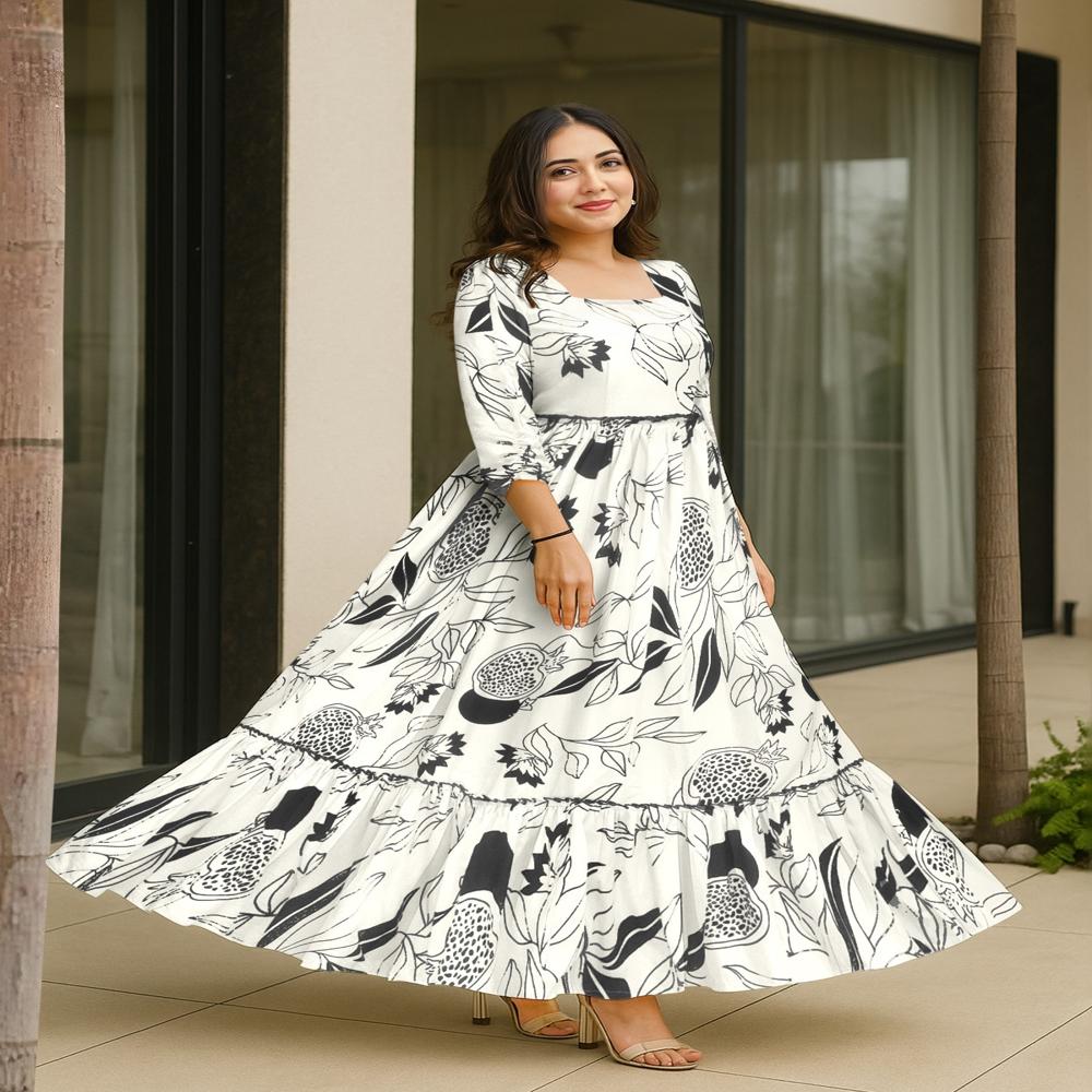 Black & White Botanical Floral Square Neck Tiered Gown Dress - Design: Print