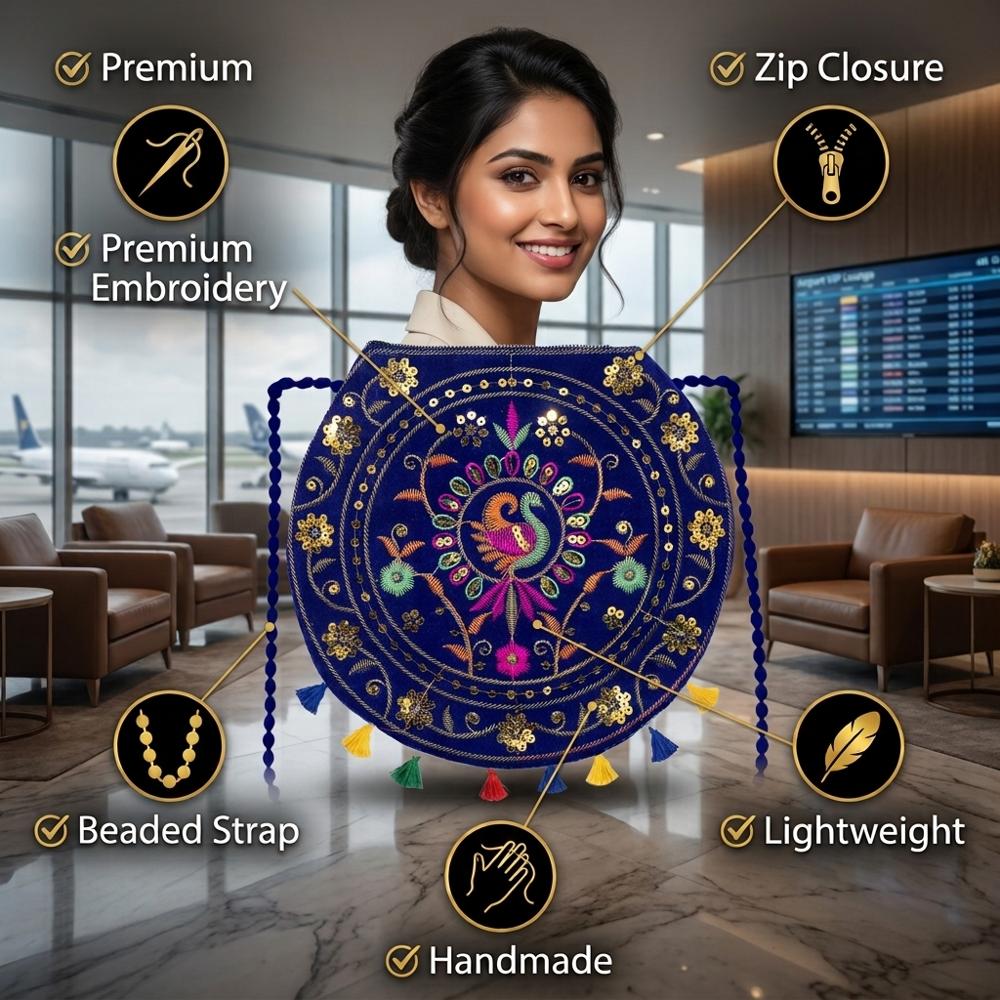 Handcrafted Embroidered Shoulder Bag For Women - Color: Blue