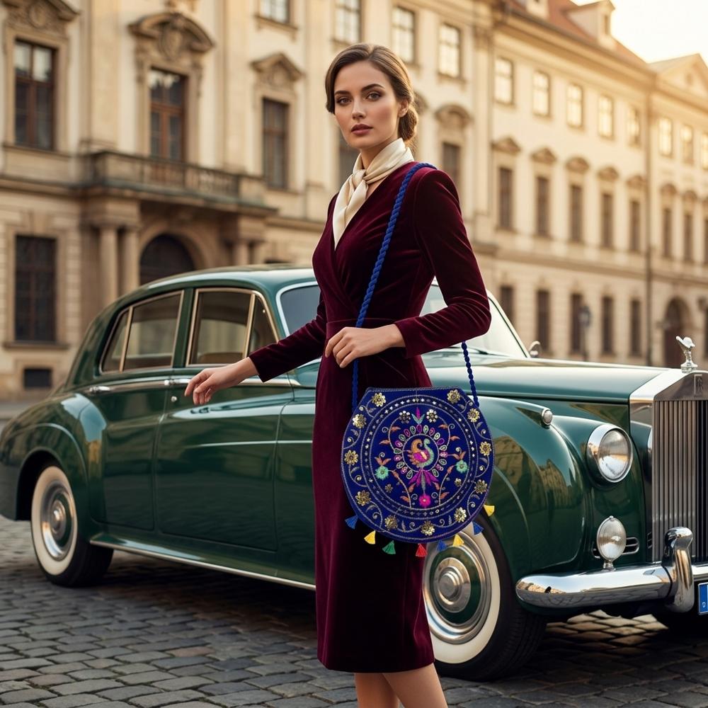 Embroidered Sling Purse For Women & Girls - Color: Blue