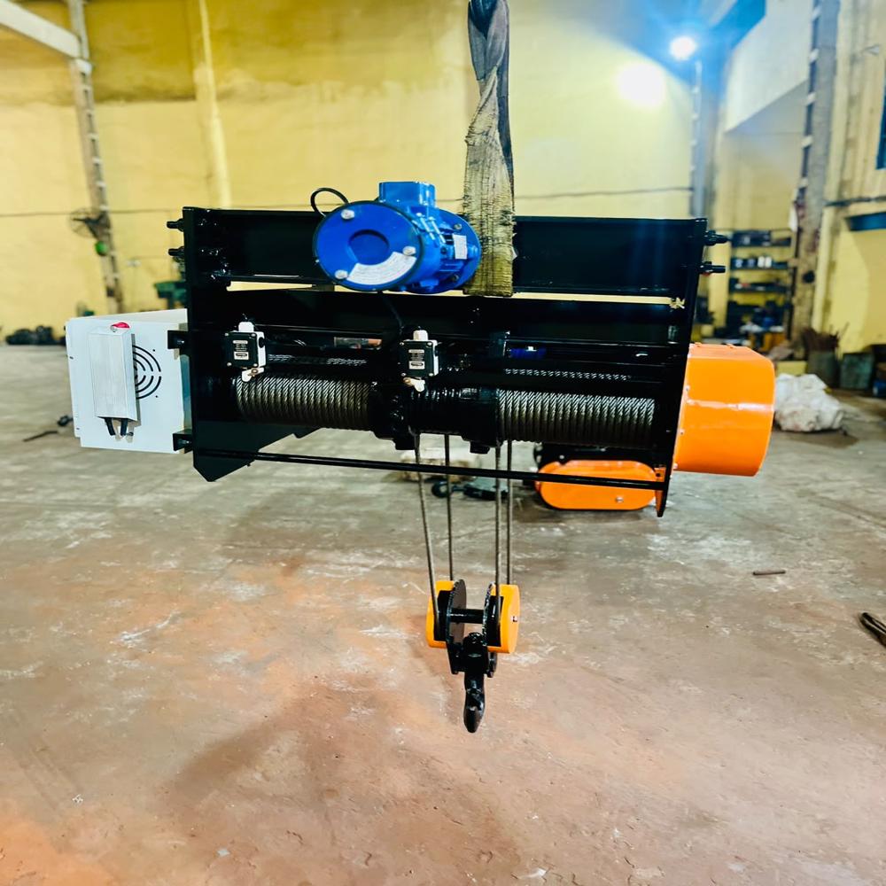 5mt Wire Rope Hoist - Multi-strand Wire Rope, Blue & Black, 4-fall Motorized, Trolley Mounted, Steel Hook