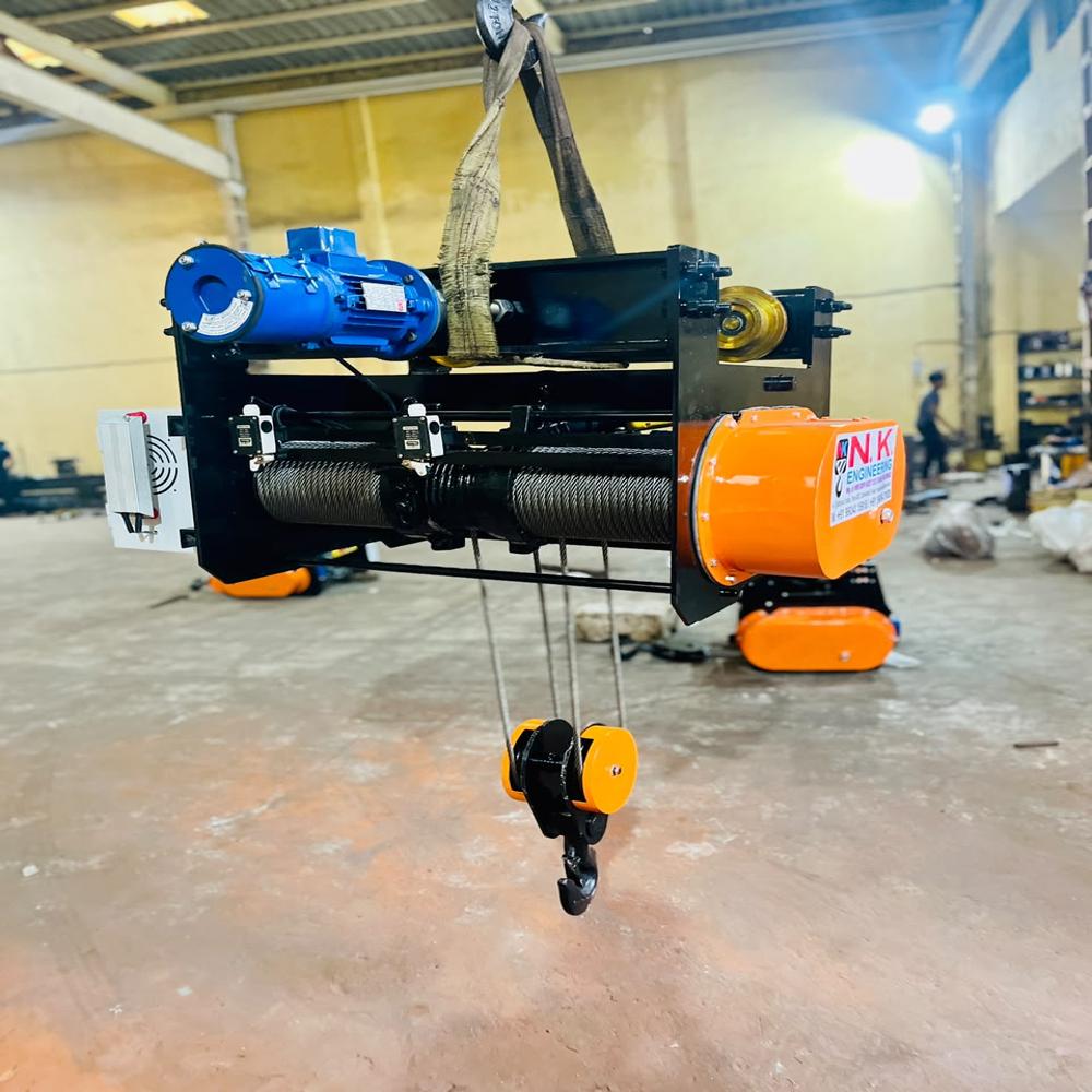5mt Wire Rope Hoist - Multi-strand Wire Rope, Blue & Black, 4-fall Motorized, Trolley Mounted, Steel Hook