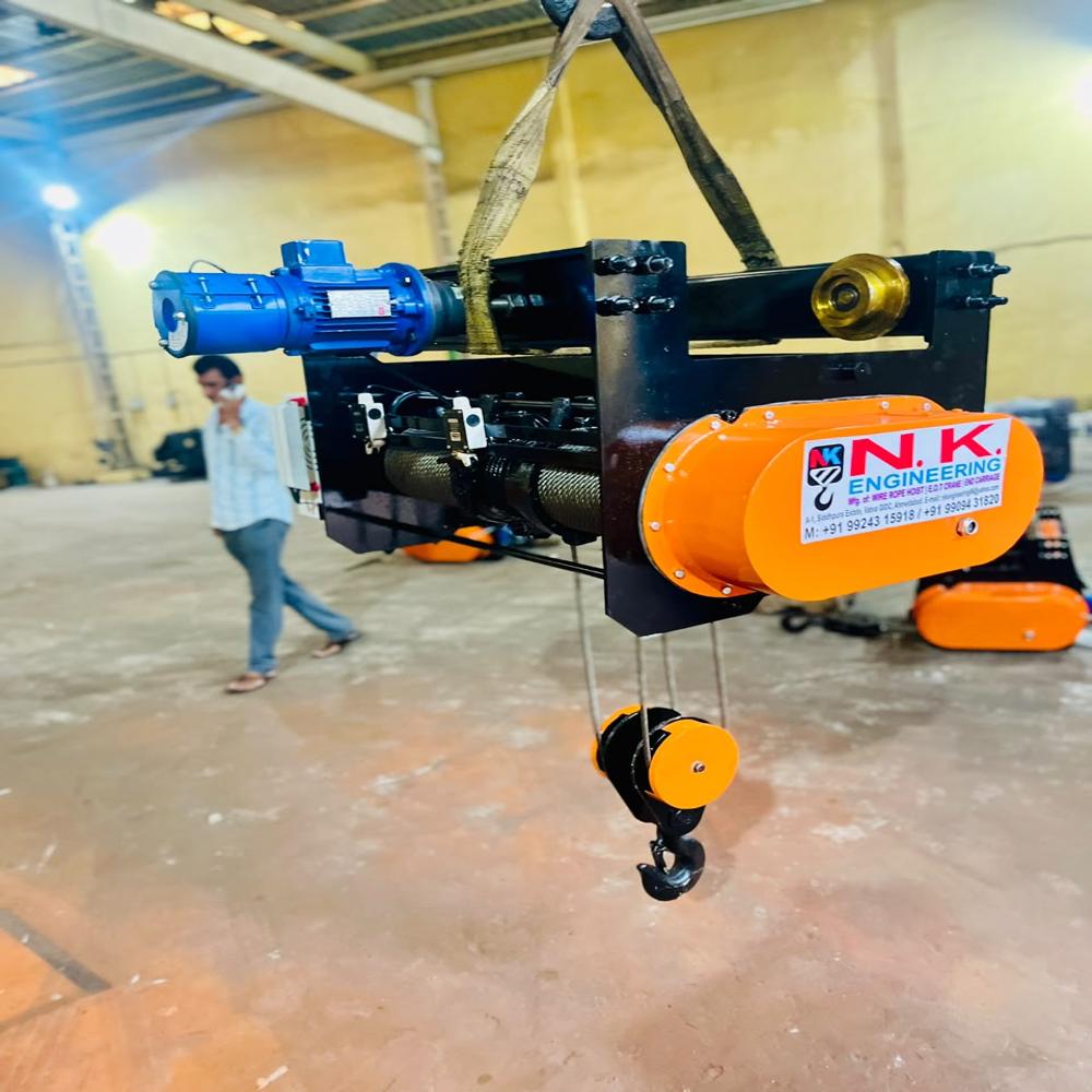 5mt Wire Rope Hoist - Multi-strand Wire Rope, Blue & Black, 4-fall Motorized, Trolley Mounted, Steel Hook