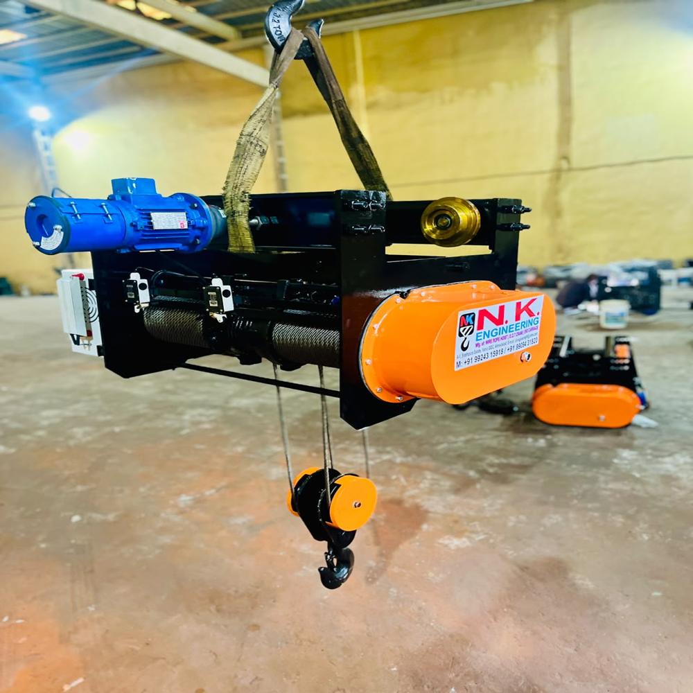 5mt Wire Rope Hoist - Multi-strand Wire Rope, Blue & Black, 4-fall Motorized, Trolley Mounted, Steel Hook