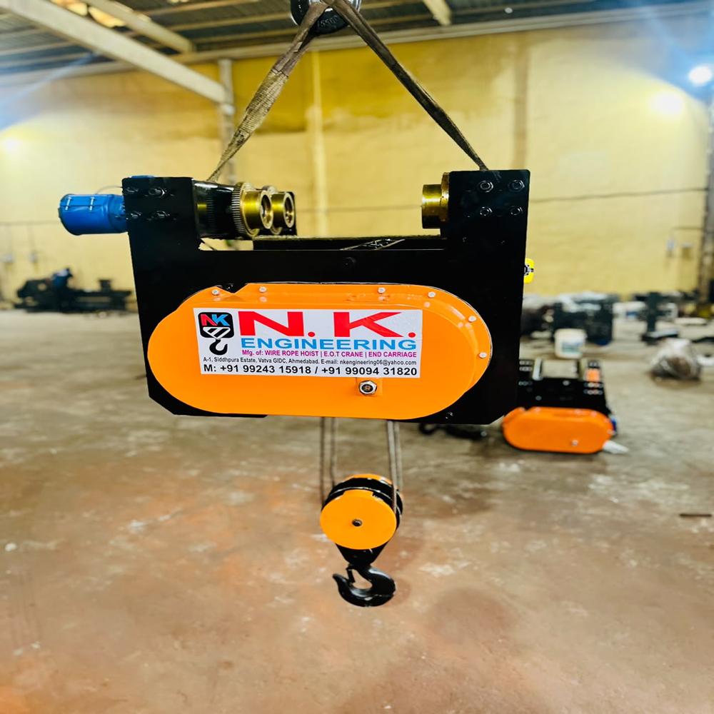 5mt Wire Rope Hoist - Multi-strand Wire Rope, Blue & Black, 4-fall Motorized, Trolley Mounted, Steel Hook