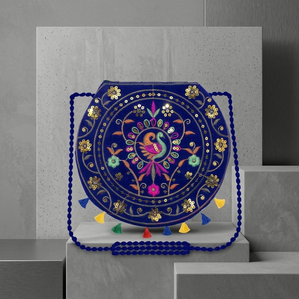 Traditional Peacock Sling Bag With Beaded Handle - Color: Blue