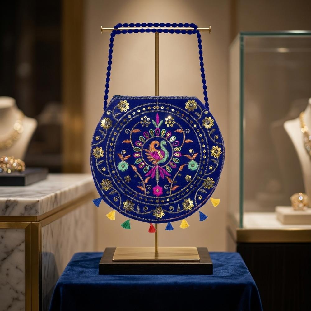 Handcrafted Ethnic Shoulder Bag With Peacock Design - Color: Blue