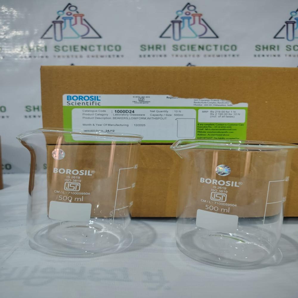 Borosil Low Form Beaker - Borosilicate Glass, 85mm Dia X 115mm H, 0.5l | Chemical Resistant, Autoclavable, Graduated Markings