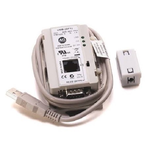 Allen-Bradley 1747-UIC USB-to-DH-485 Interface Converter, USB Type-B to DH-485 industrial bridge, features 1x RJ45 port (RS-485) and 1x 9-pin female DB9 port, diagnostic communication LEDs