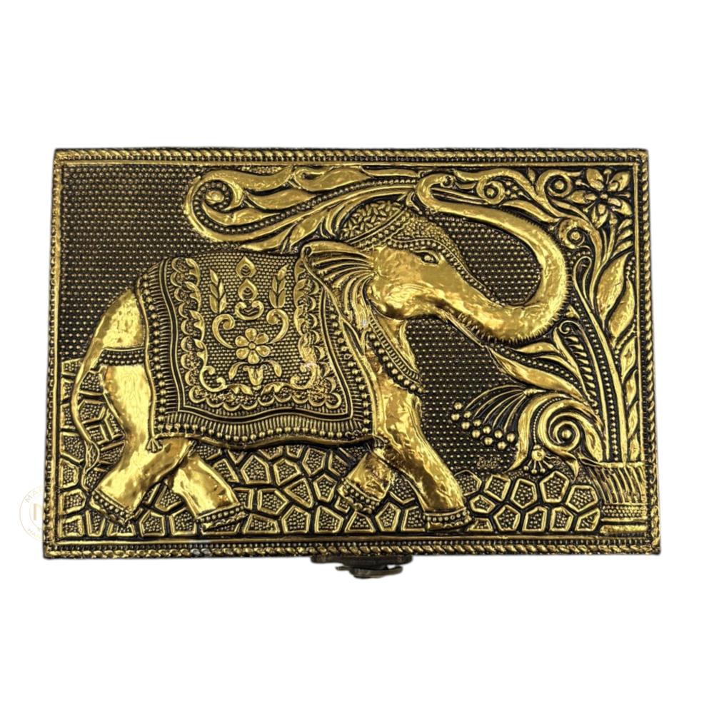 Premium Brass Finish Elephant Design Meenkari Wooden Jewellery and Pooja Box for Gifting