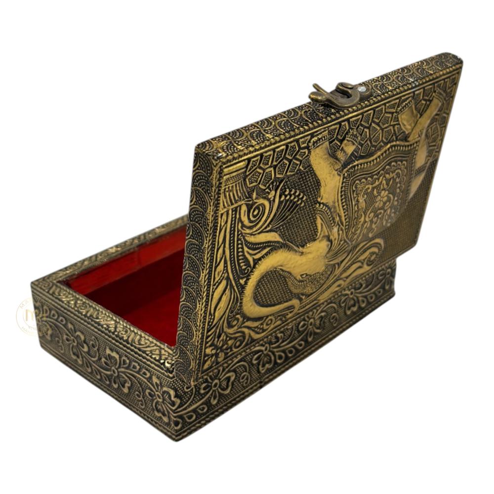 Premium Brass Finish Elephant Design Meenkari Wooden Jewellery and Pooja Box for Gifting