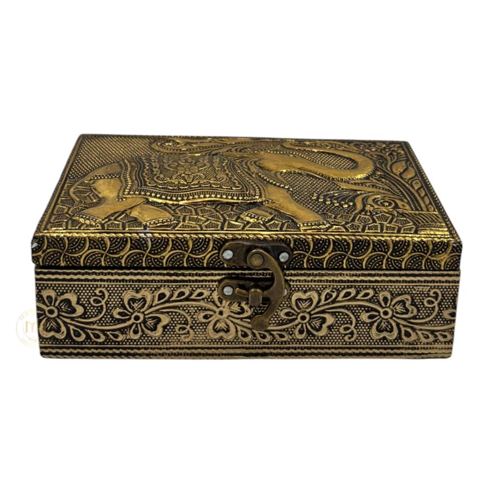 Premium Brass Finish Elephant Design Meenkari Wooden Jewellery and Pooja Box for Gifting