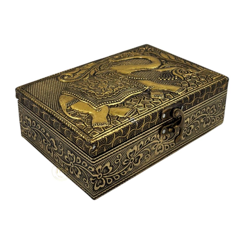 Premium Brass Finish Elephant Design Meenkari Wooden Jewellery and Pooja Box for Gifting