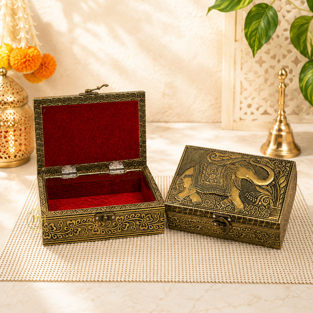 Premium Brass Finish Elephant Design Meenkari Wooden Jewellery and Pooja Box for Gifting