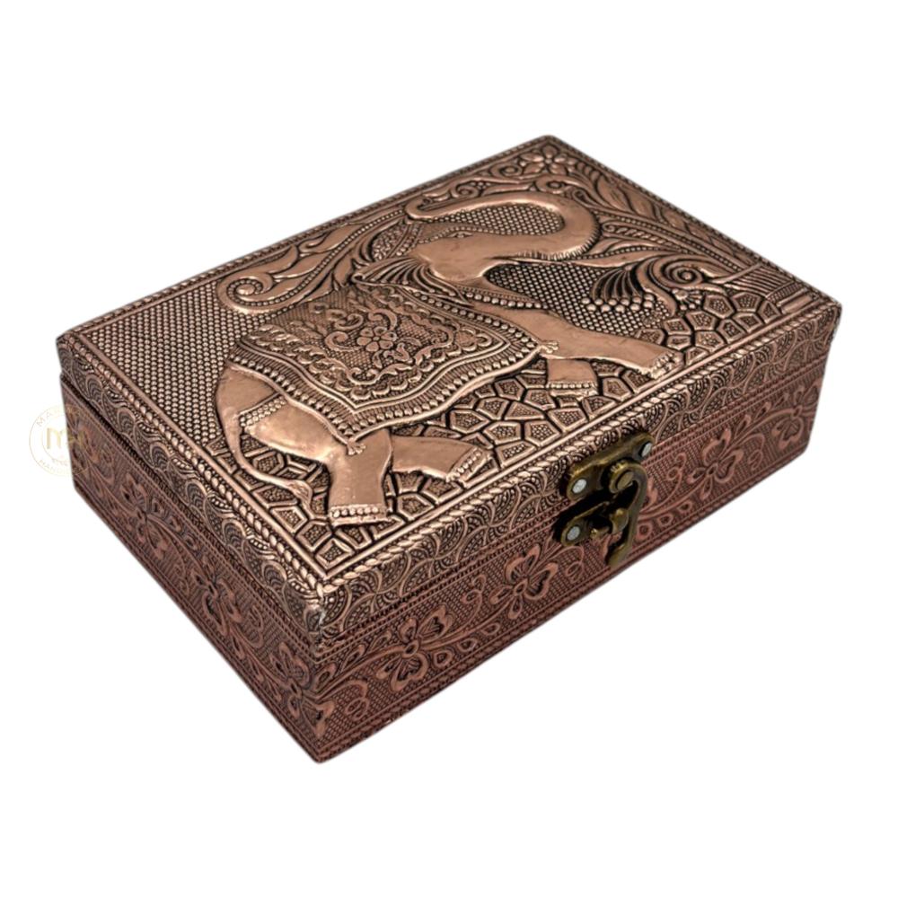 Premium Copper Finish Elephant Design Meenkari Wooden Jewellery and Pooja Box for Gifting