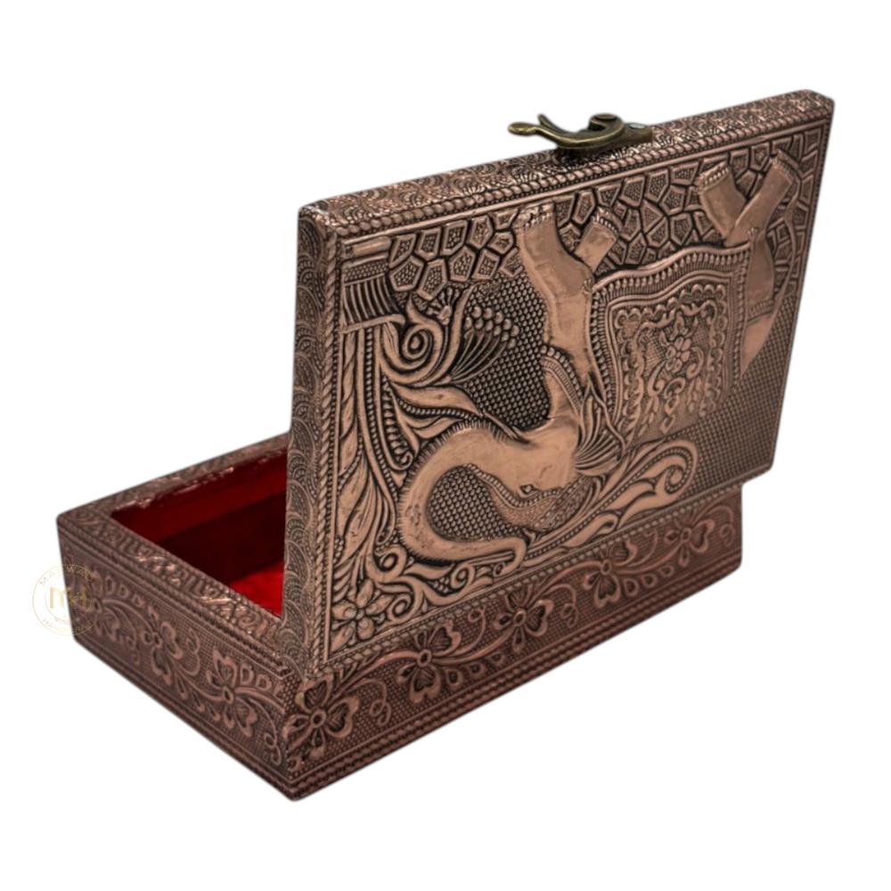 Premium Copper Finish Elephant Design Meenkari Wooden Jewellery and Pooja Box for Gifting