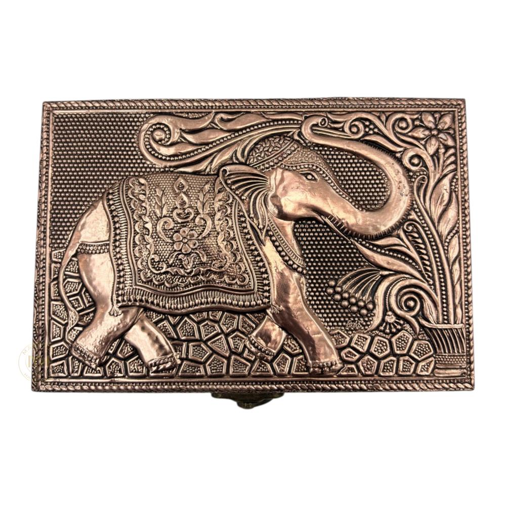 Premium Copper Finish Elephant Design Meenkari Wooden Jewellery and Pooja Box for Gifting