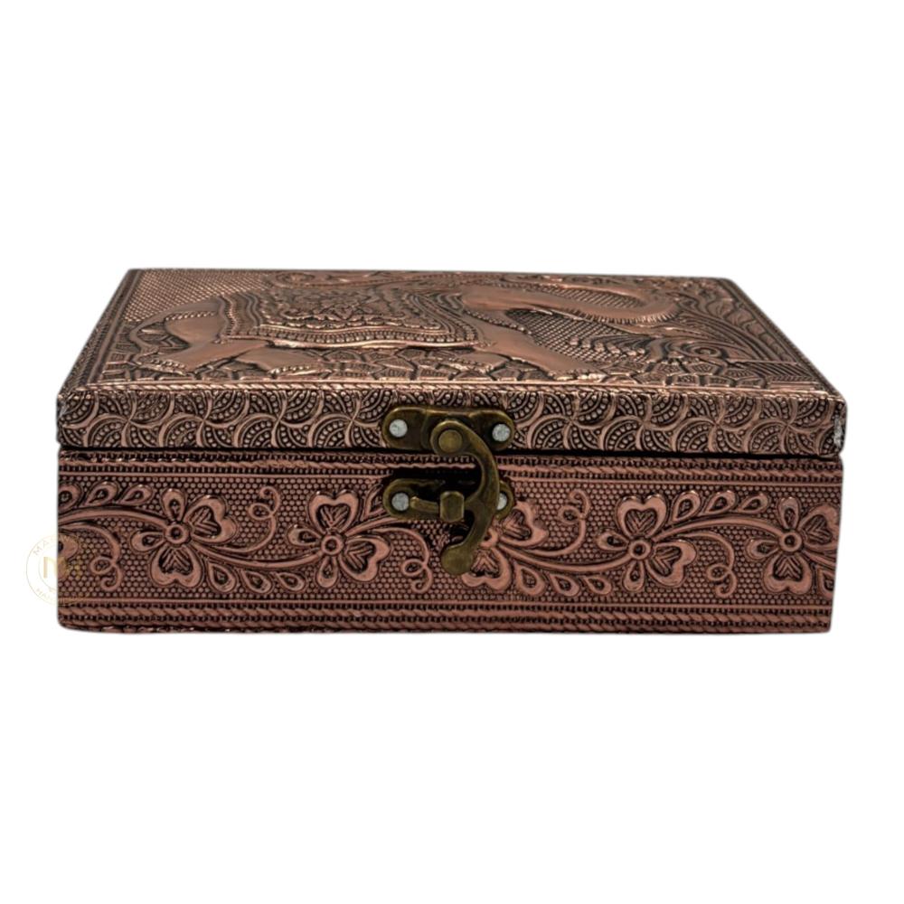Premium Copper Finish Elephant Design Meenkari Wooden Jewellery and Pooja Box for Gifting