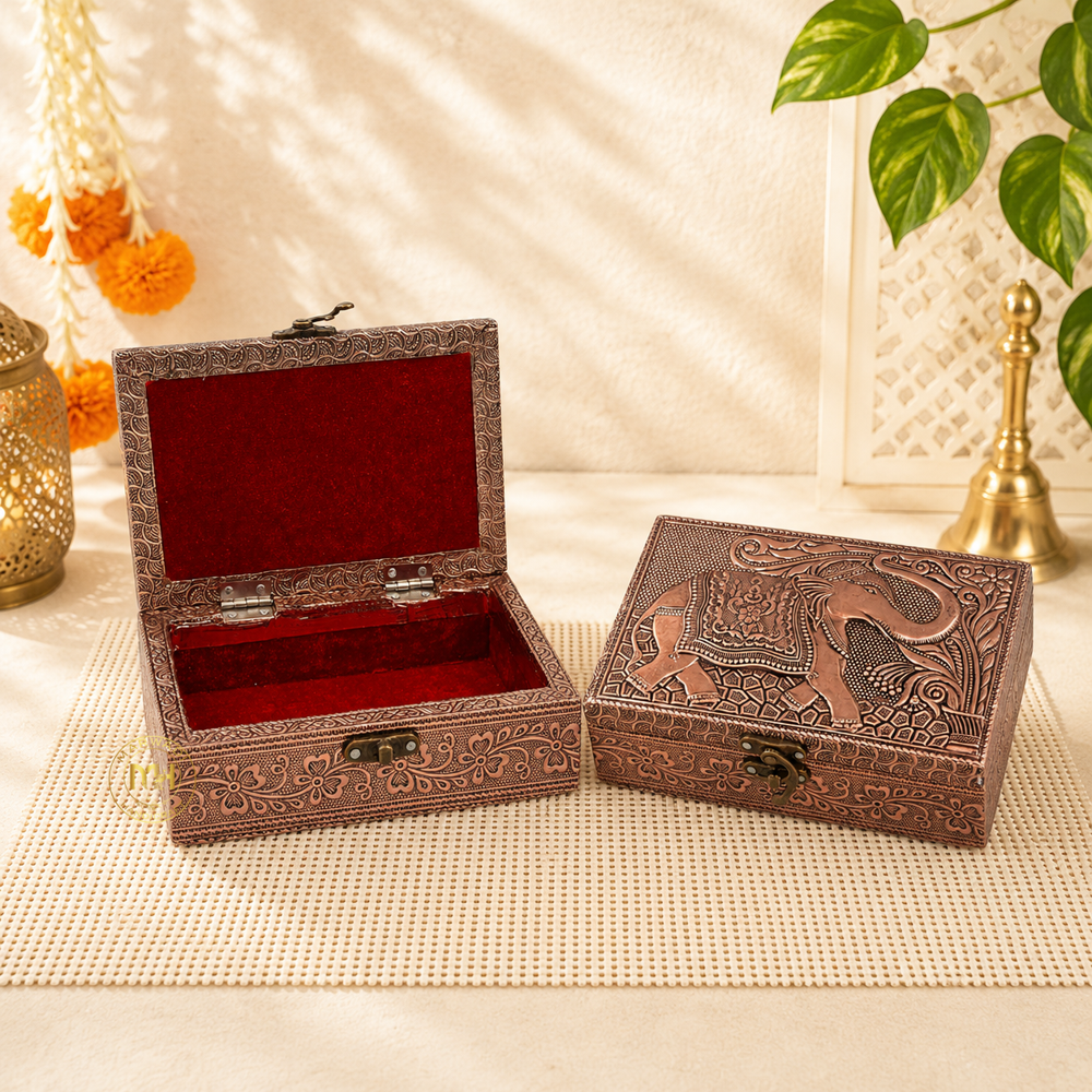 Premium Copper Finish Elephant Design Meenkari Wooden Jewellery and Pooja Box for Gifting