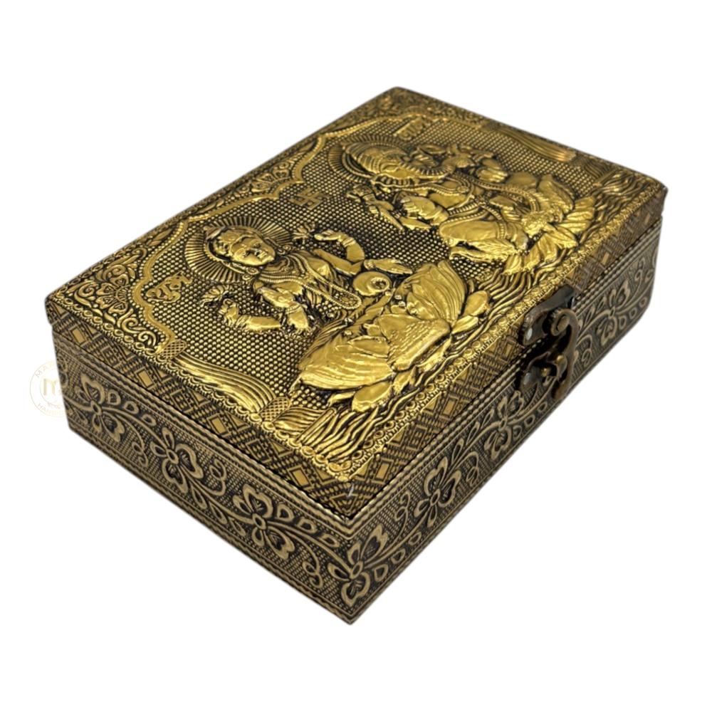 Premium Brass Finish Laxmi Ganesh Ji Design Meenkari Wooden Jewellery and Pooja Box for Gifting